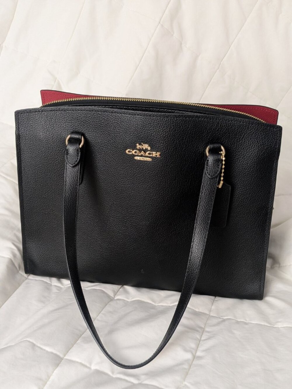 Coach Tatum Carryall Tote Work Bag Black Red Inside Pebble Double Leather C4078 - Picture 8 of 16